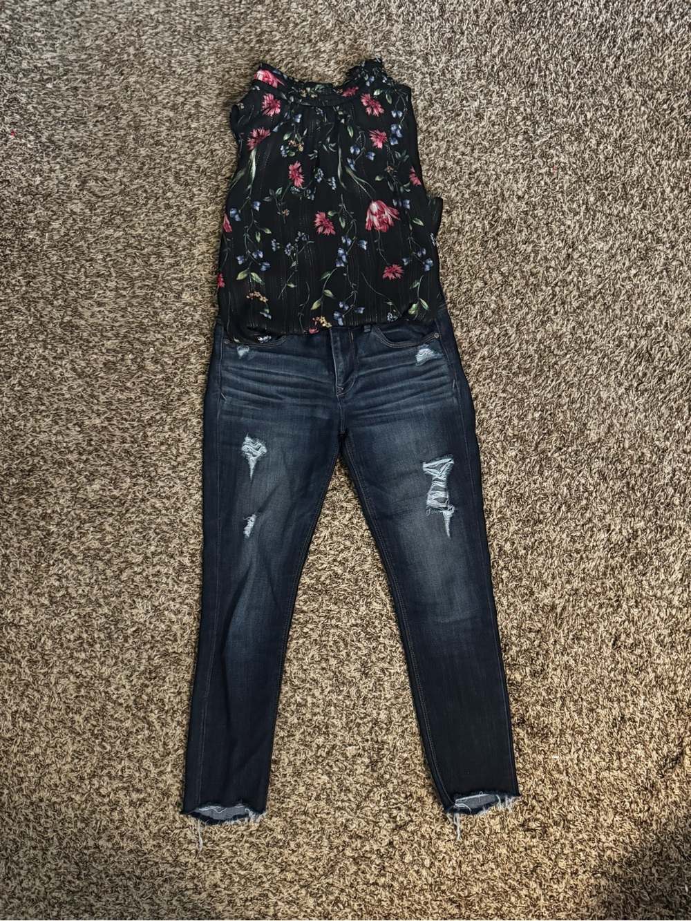 Dark Wash Distressed Women’s Jeans - Black Floral Top Outfit